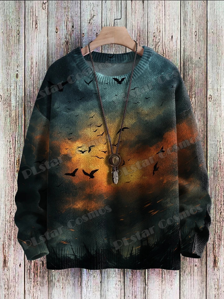 Halloween Ghost Black Cat Art Pattern 3D Printing Mens Knitted Lanhua Winter Neutral Casual Warm Knitted Lanhua Sweater ZZM65 240829