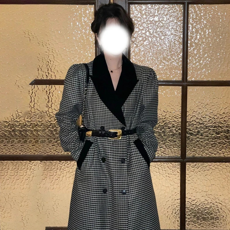 Vintage plain weave hit color wool coat womens belt ultra-thin coat autumn and winter coat double chest puff sleeve wool jacket 240828