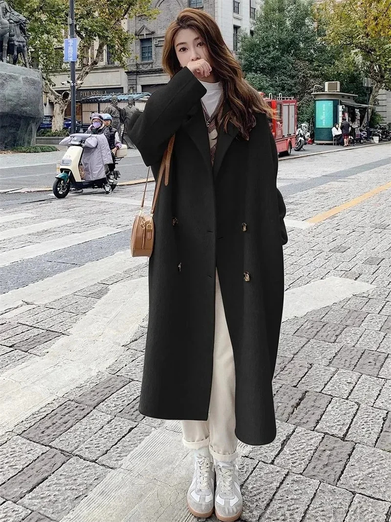 Pink wool coat womens medium long autumn and winter item Korean version loose fit and version Hepburn style small wool coat 240828