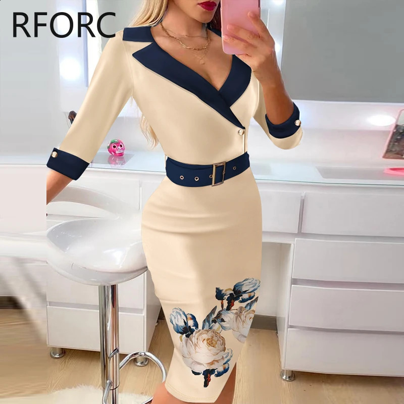 Womens floral print with a notch neckline semi long sleeves MIDI Bodycon formal party dress 240828