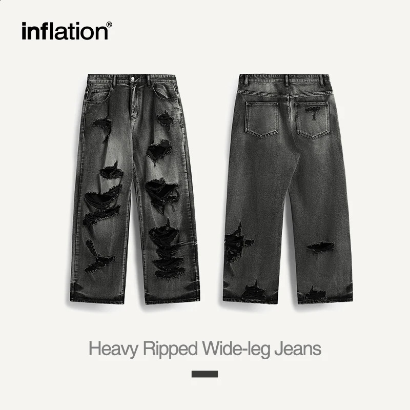 INFLATION Washed Ripped Distressed Jeans Men Streetwear Hip Hop Holes Denim Pants 240828