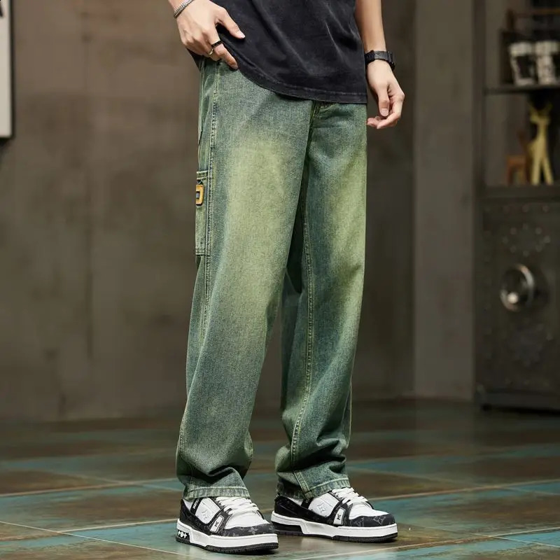 American retro hip-hop street summer jeans mens solid button zipper pocket fashionable casual loose denim straight pants 240829