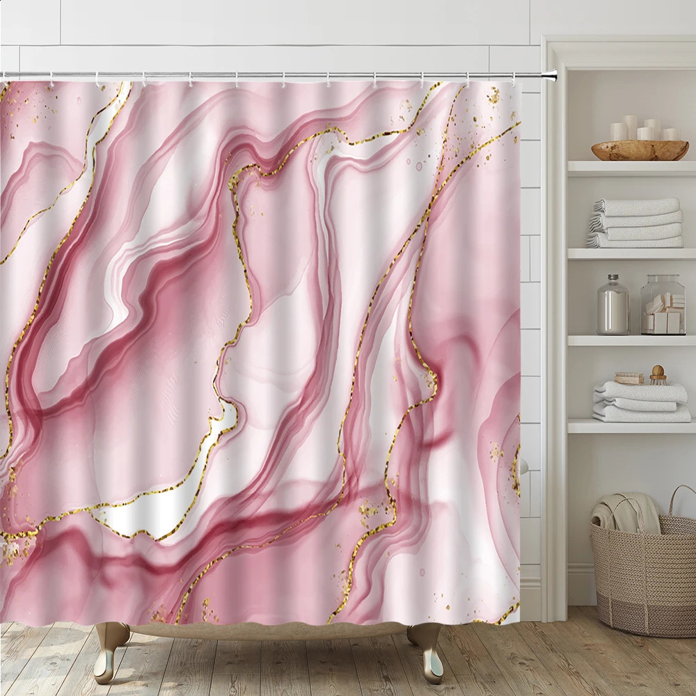 4piece pink marble shower curtain set anti slip carpet toilet seat bathroom cushion decoration accessories 240828