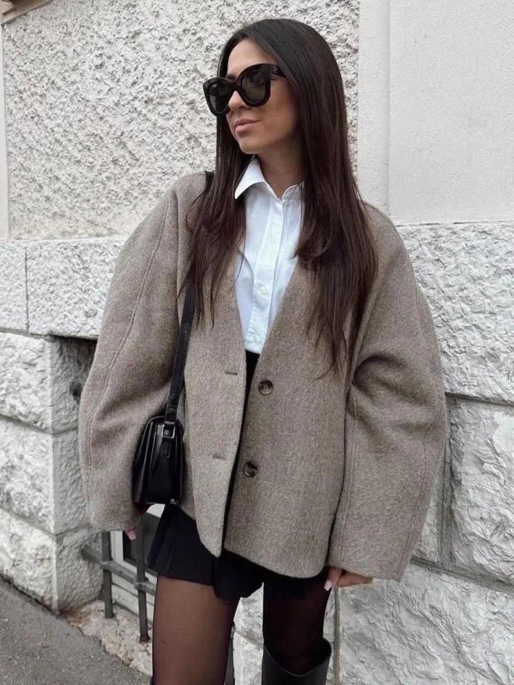 Women's Jackets Elegant Straight Cut Wool Jacket Women Fashion V Neck Single Breasted Short Coat 2024 Autumn Chic Lady Office Street
