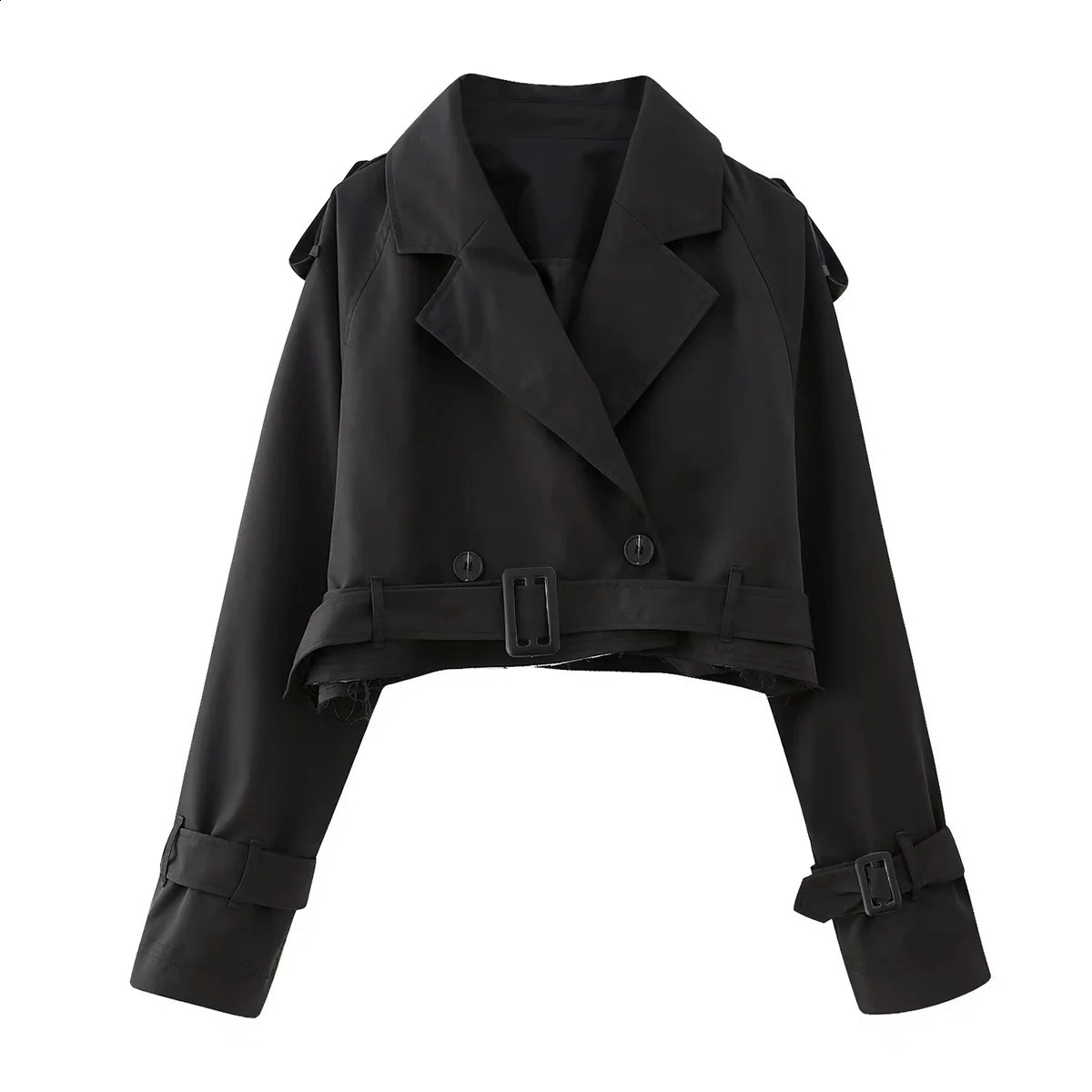 Women Fashion Belt Cropped Coat Long Sleeve Turn Down Collar Short Jacket Vintage Chic Double Breasted Trench Coats Lady Outfit y240903