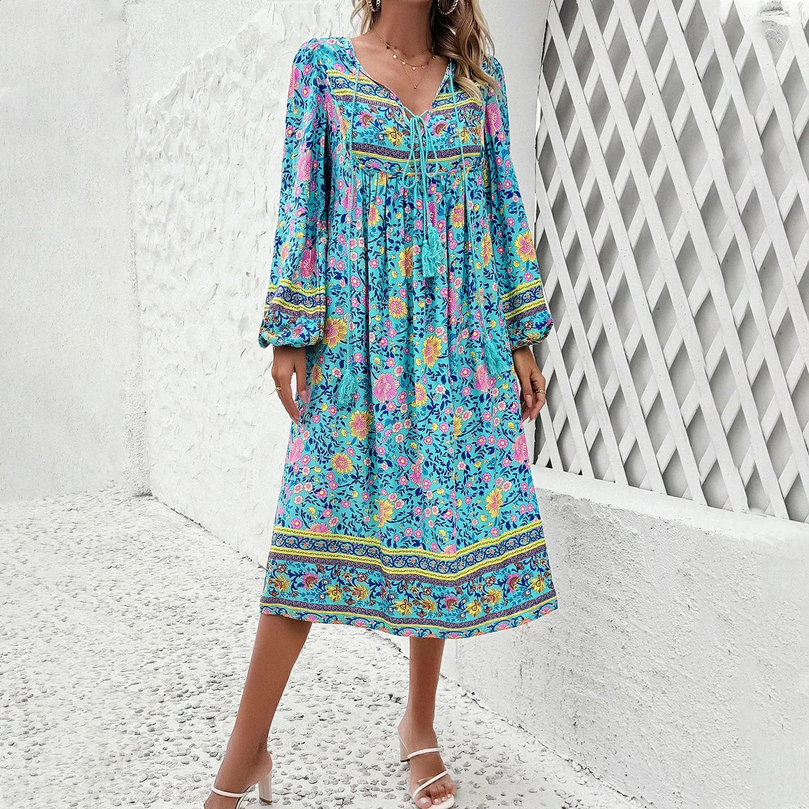 High quality womens springsummer casual vacation printed long sleeved dress with brushed Bohemian Y2k 240828