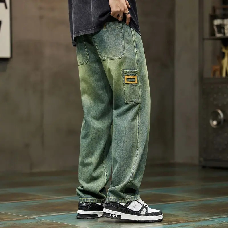 American retro hip-hop street summer jeans mens solid button zipper pocket fashionable casual loose denim straight pants 240829