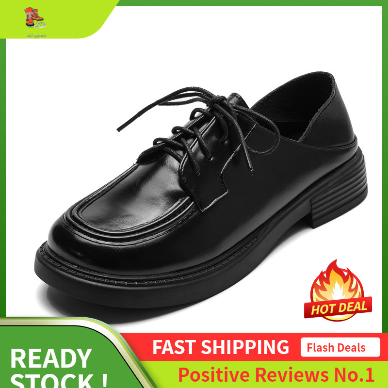 Ddmysports Spring New Black Lace Up Small Leather Academy Style Thick Eel Le Fu Shoes Versatile Can Step On And Wear Twice OUTDOOR