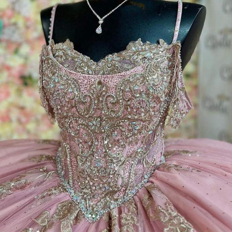 Pink Shiny Off The Shoulder Quinceanera Dresses Ball Gown Gold Appliques Lace Beading Crystal Sweet 16 Dress Vestidos 15 De XV Anos