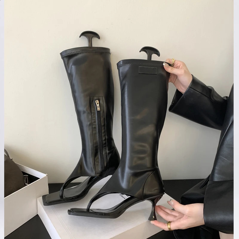 Eilyken Silver Open Toe Clip on Knee High Boots Modern Womens Boots Thin High Heels Side Zipper Spring Party Pump Sandals 240827