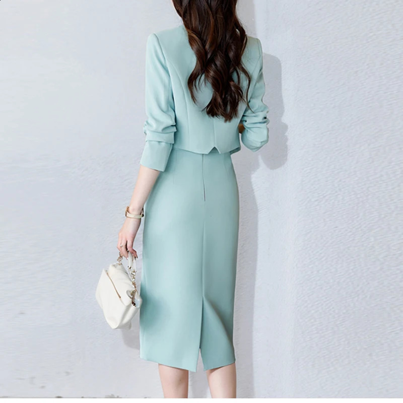 ZJYT Autumn Short Sleeve Jacket Set with Two Piece Womens Dress Green Clothing Office Women Plus Size 3XL 240828