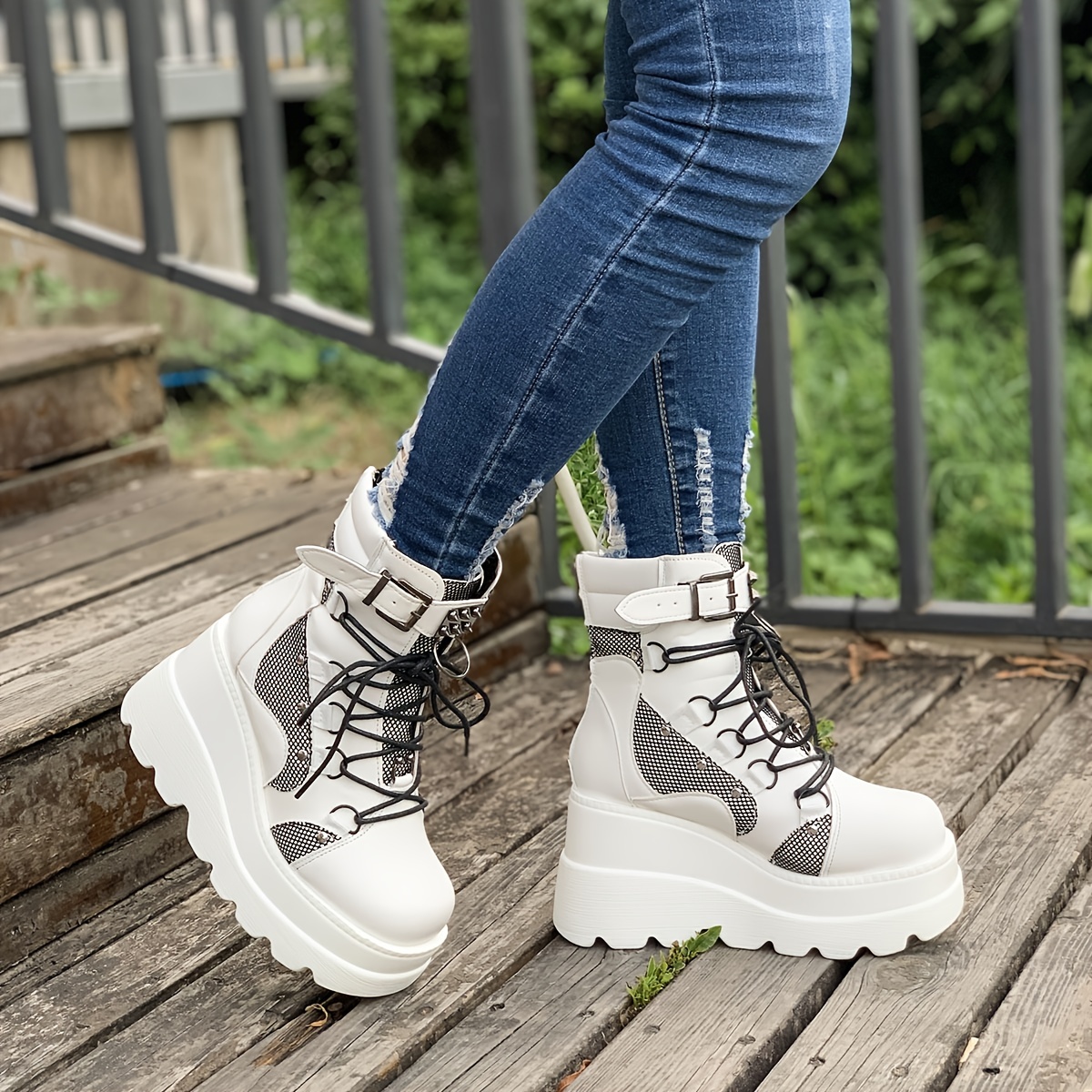 Punk Style Women's Ankle Boots with Studded Buckle Decor and Wedge Heel