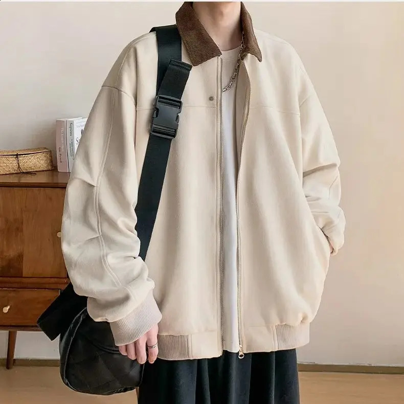 Corduroy Solid Colour Splicing Retro Suede Jacket Mens Autumn Winter Pocket Lapel Zipper Loose Jacket Warm Soft 240828