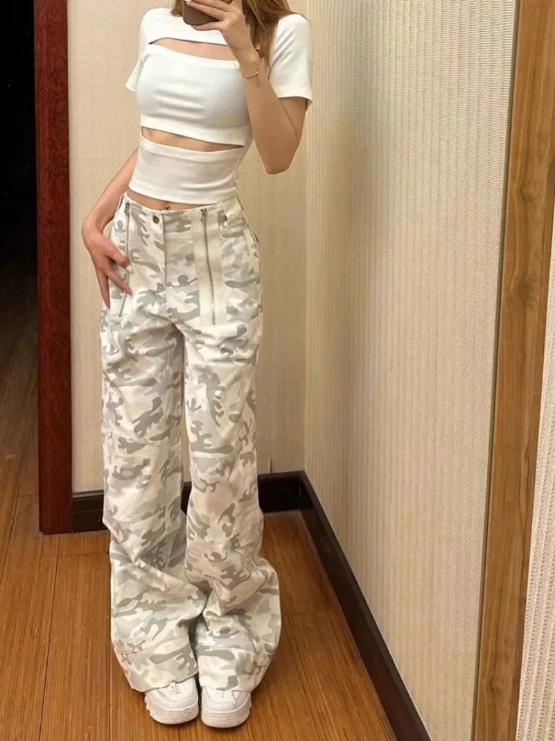 American Retro Camouflage Cargo Pants Y2k EGirl High Waist Straight Jeans Sumemr Loose Wide Legs 240829