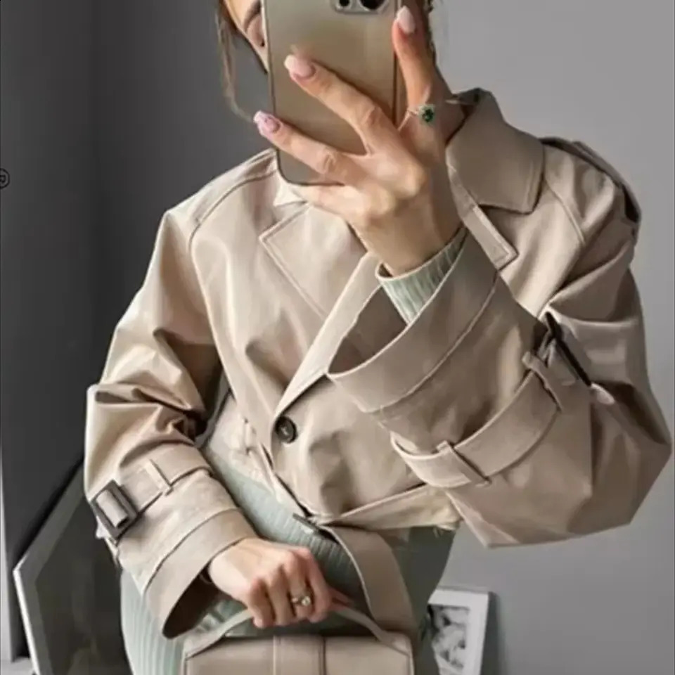 Women Fashion Belt Cropped Coat Long Sleeve Turn Down Collar Short Jacket Vintage Chic Double Breasted Trench Coats Lady Outfit y240903
