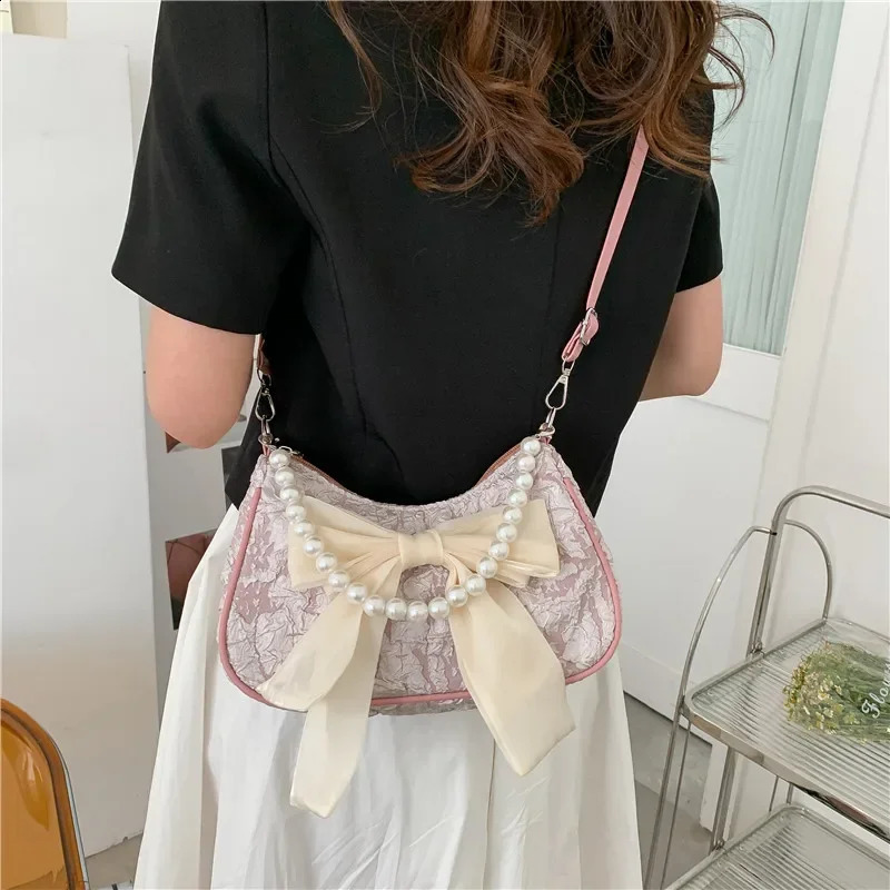 Retro Bow Shoulder Bag Womens Spring Trend Fashion Pearl Underarm Shoulder Messenger Bag 240829