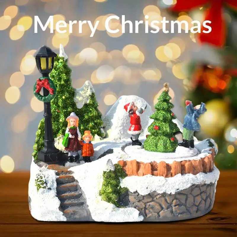 Decorative Objects Figurines Christmas Village Music Snow Village Home with rotating lights tropical balloons USB power supply bright holiday decorati
