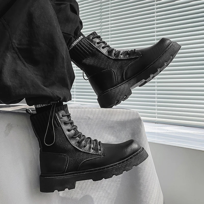 Mens Boots Toog Ankle Sock Boot Full Black High Top Leather Casual English Young Fashion Vitality Anti-wear Mans Footwear 240828