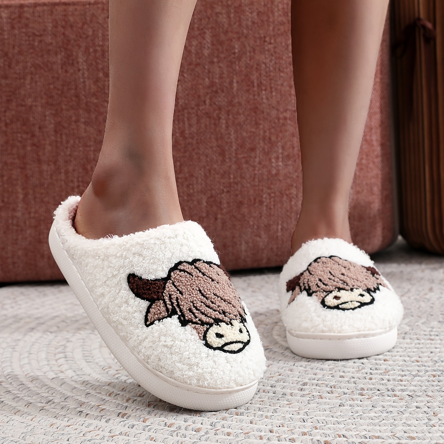 Cute Cartoon Cow Pattern Plush Lined Slip-On Slippers - Ultra Soft Fabric Upper, Comfortable Indoor Shoes with TPR Sole, Tribal Style Design - All-Sea