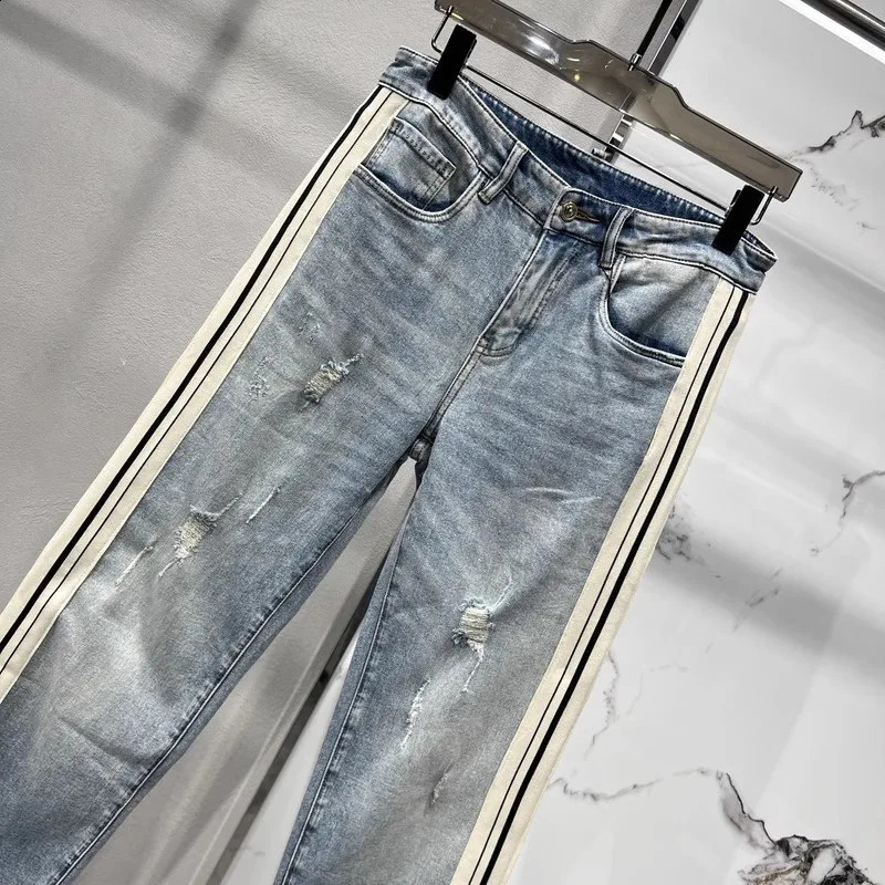 mens straight jeans high-quality washed edge stripes casual denim pants blue hip-hop streetwear mens Trousers 240829