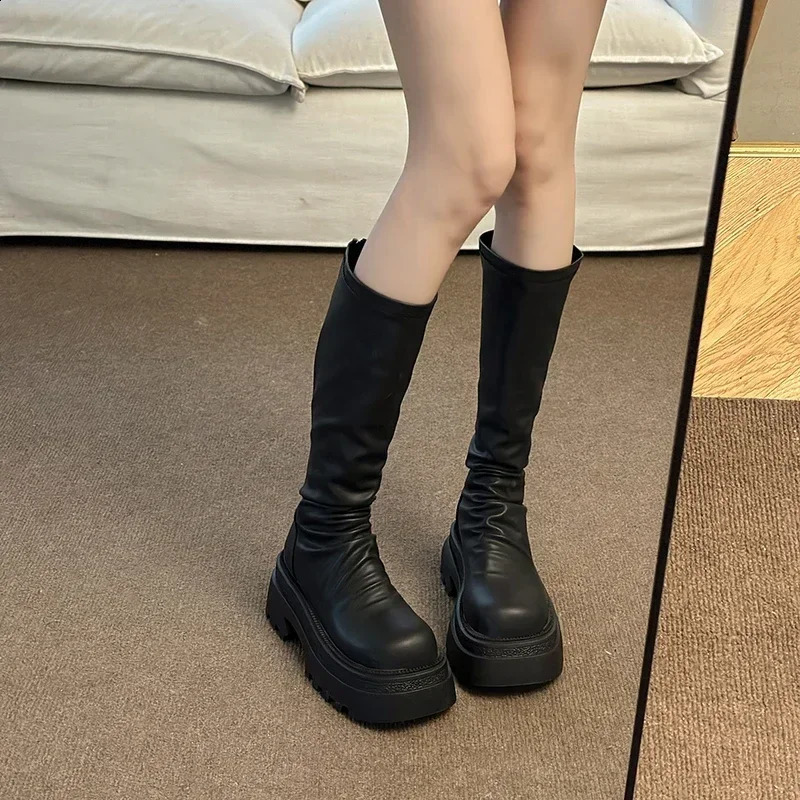 Platform Womens Knee High Boots Fashion Strap Zipper Knight Boots Autumn Womens Thick Boots 240827