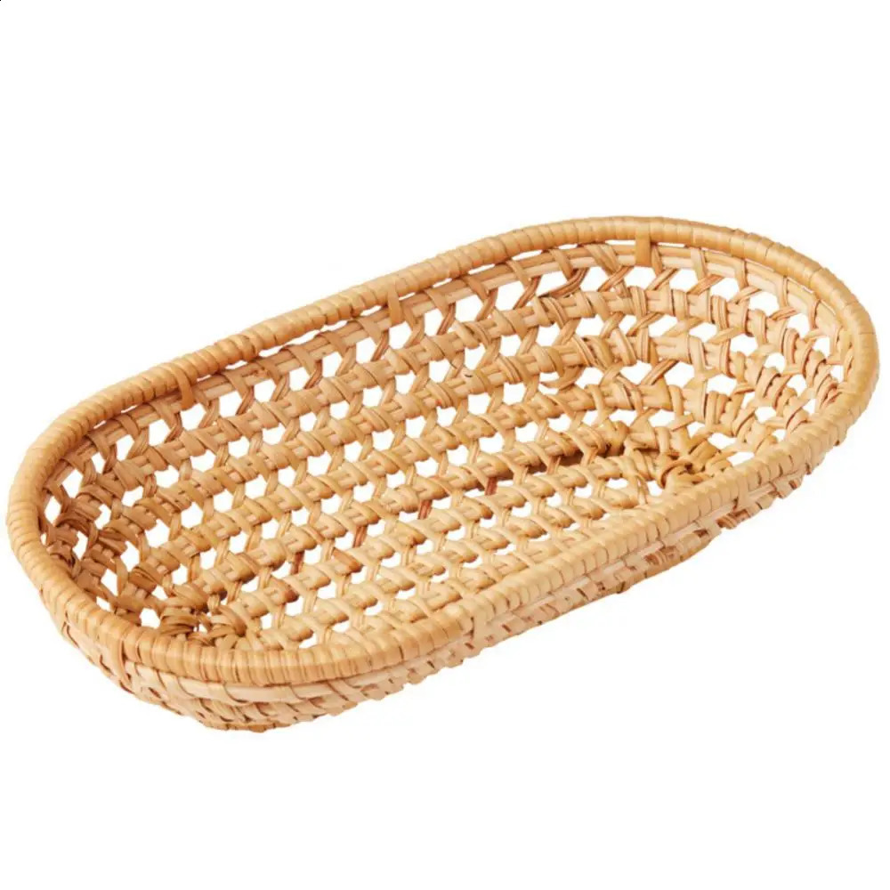 Rattan Storage Tray Oval Basket Hand-Woven Wicker Tray Bread Basket Fruit Food Breakfast Display Box Home Kitchen Decoration 240828