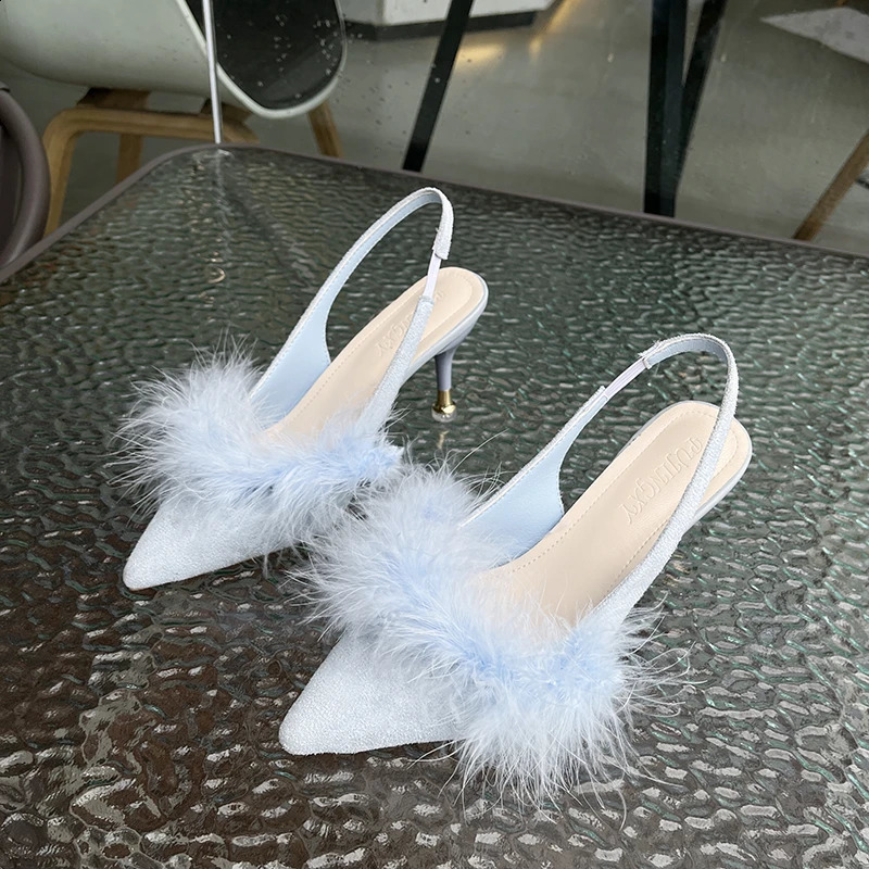 Womens genuine Ostrich hair heel slider fashionable fur slider high-quality anti slip and sexy slider womens party shoes 240827