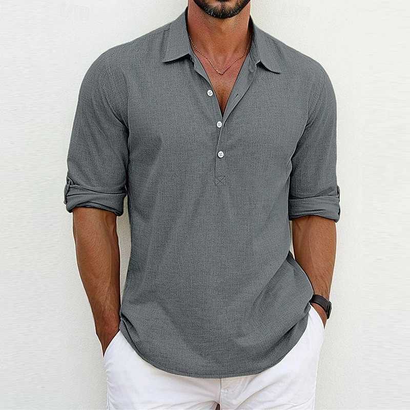 Summer Casual Pure Color Polo Shirt Men Leisure Breathable Loose Cotton Linen Top Mens Long Sleeve Button Lapel Pullover ShirtsXJ240828