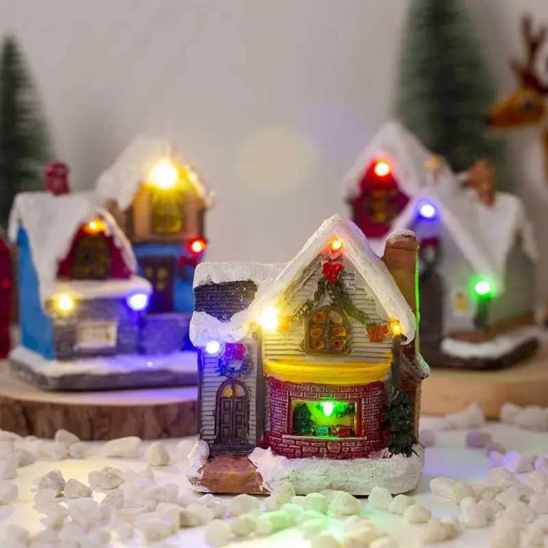 Decorative Objects Figurines Christmas Village Music Snow Village Home with rotating lights tropical balloons USB power supply bright holiday decorati