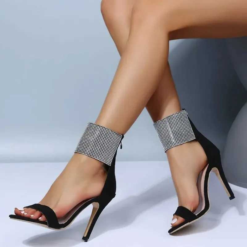 High Quality Summer New Rhinestone Stiletto Sandals for Women Sexy Open Toe Faux Suede Back Zipper Super High Heels Wedding Party Shoes T241227