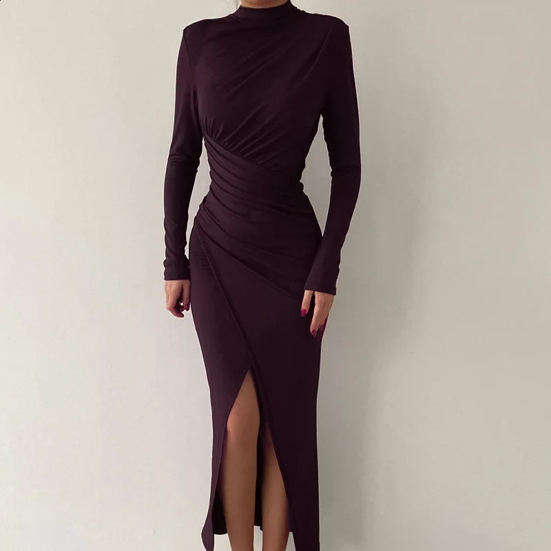 Elegant Tight Cocktail Party Dress Womens Solid High Resolution Long Autumn Half Neck Formal Occasion 240828
