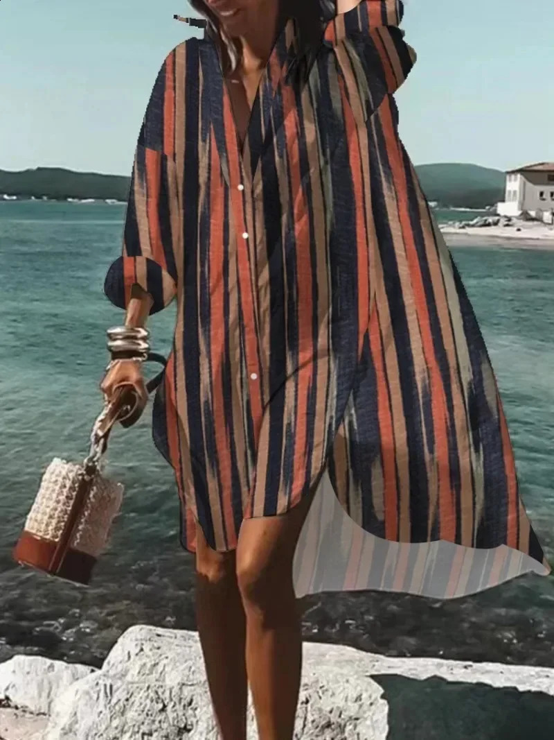 Large size summer ultrathin fashion version dress with casual digital printing loose chest circumference long sleeved collar womens shirt 240828