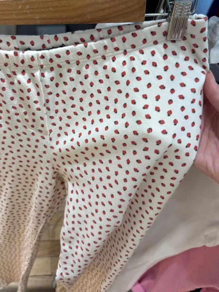 Strawberry casual straight pants womens summer elastic high waisted cotton sleepwear retro cute home mens Y2k dress 240827