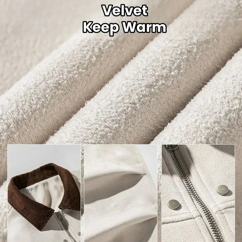 Corduroy Solid Colour Splicing Retro Suede Jacket Mens Autumn Winter Pocket Lapel Zipper Loose Jacket Warm Soft 240828