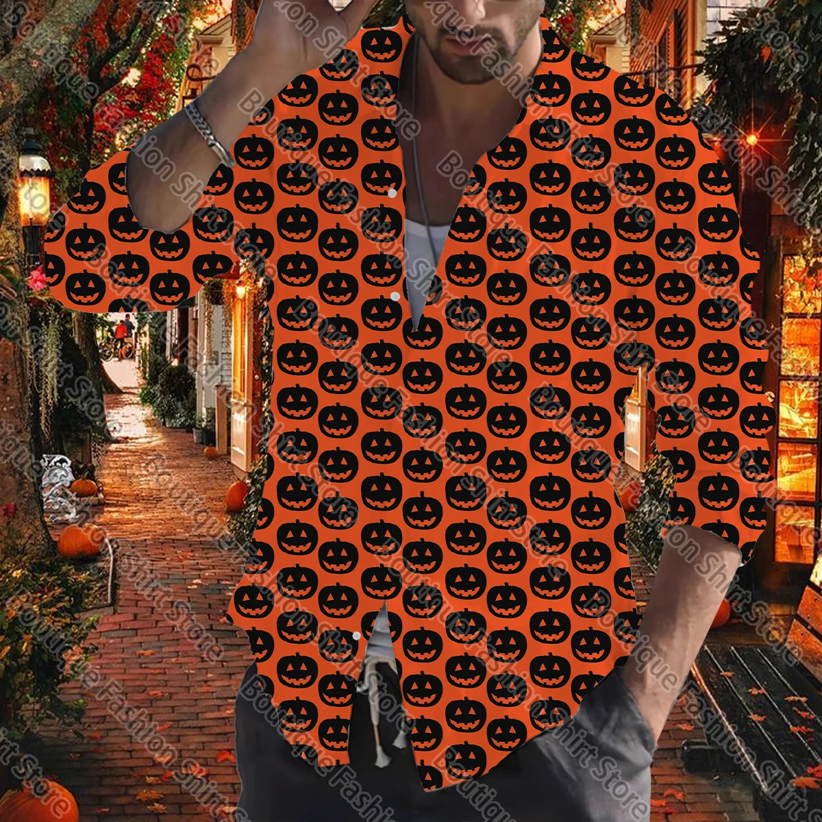 Halloween mens autumn and winter mens clothing sleeping button lapel soft and comfortable street outdoor party top 240829