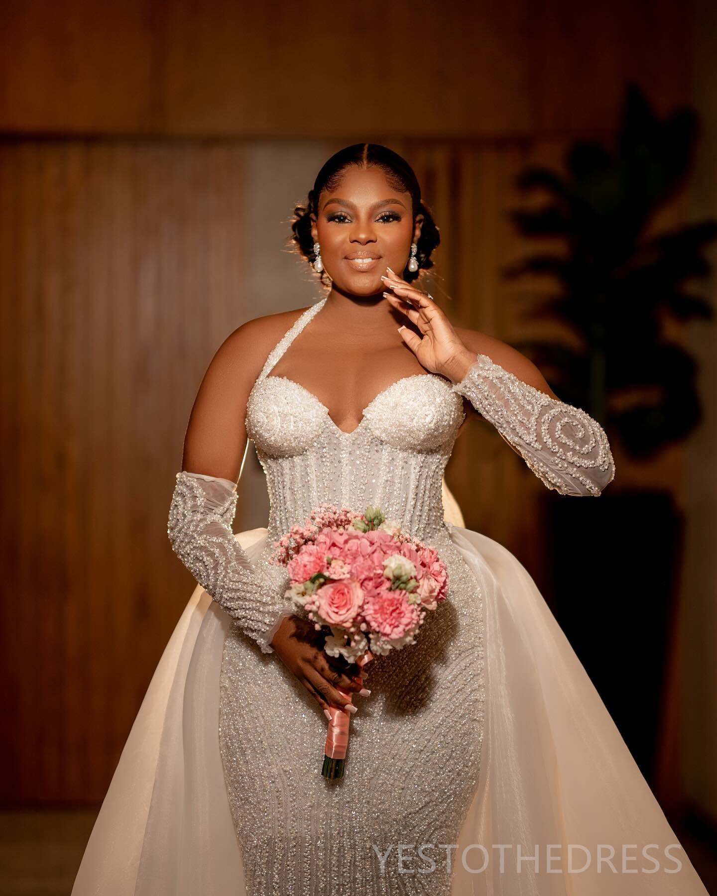 R&W 2024 Plus Size Bride With Detachable Train urious Mermaid Wedding Dress Bridal Gowns Halter Bead Lace Marriage Gown For African Black Women D309