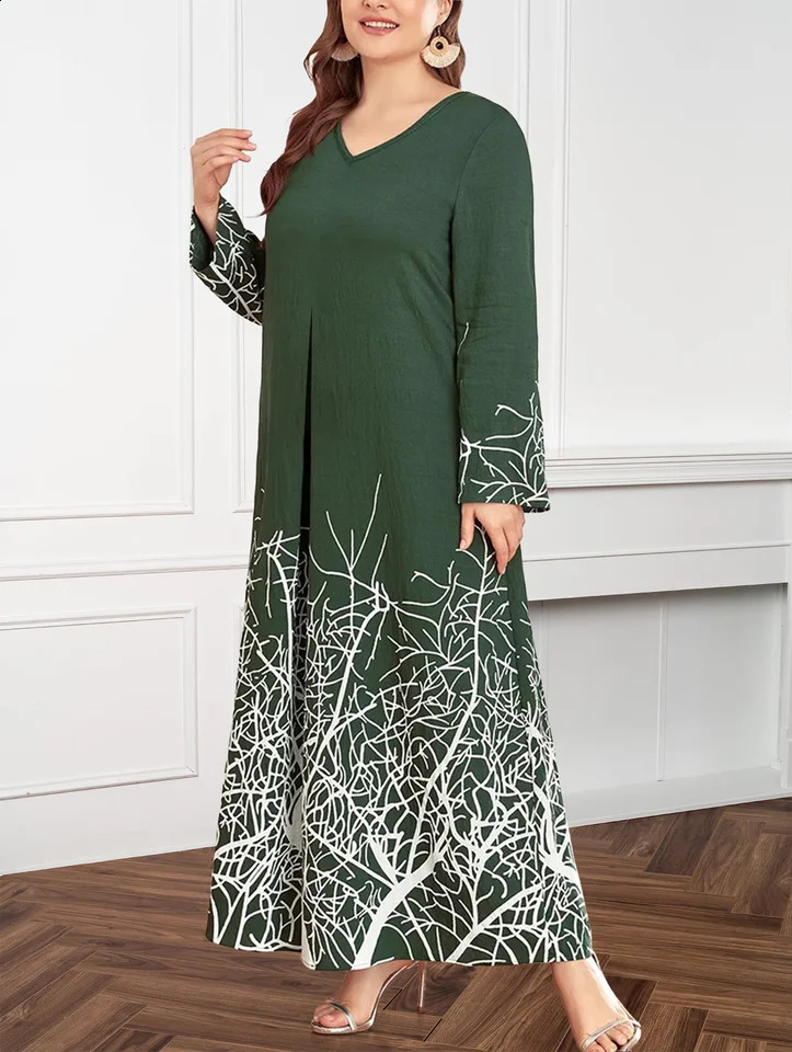 Womens plus size Vneck long sleeved floral print dress womens clothing loose straight casual round neck skirt 240828