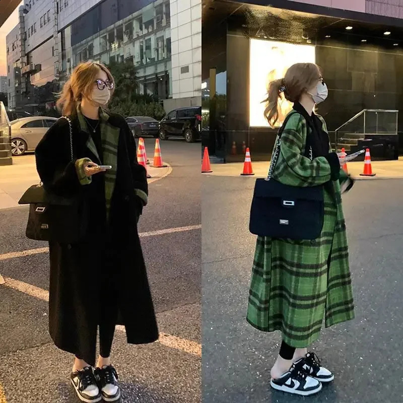 Fashion colored blocked green plain woolen jacket reversible long sheepskin coat womens retro Korean style 240828