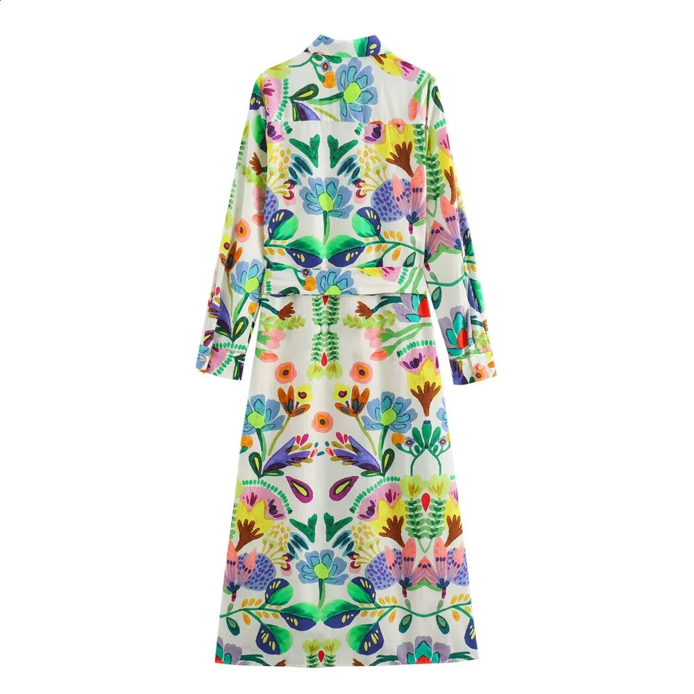 Kar Otza Summer Womens Polo Neck Long Sleeve Printed Silk Belt Dress 240829