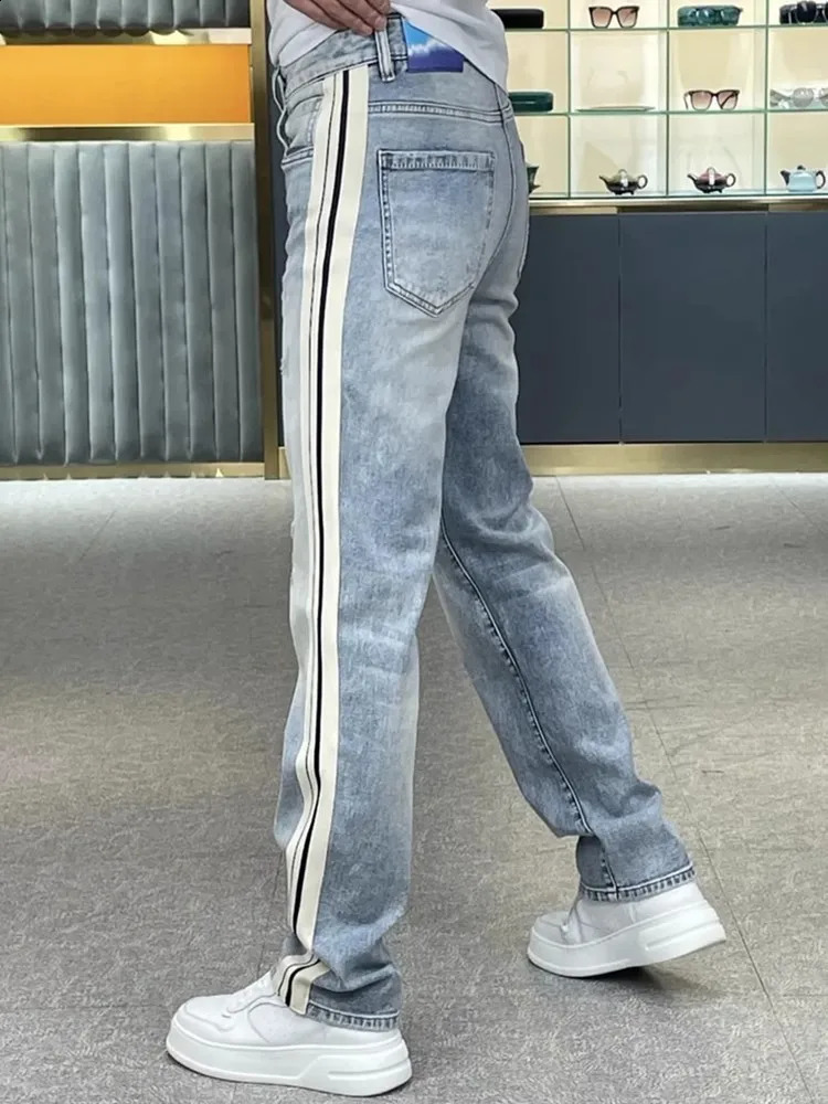 mens straight jeans high-quality washed edge stripes casual denim pants blue hip-hop streetwear mens Trousers 240829