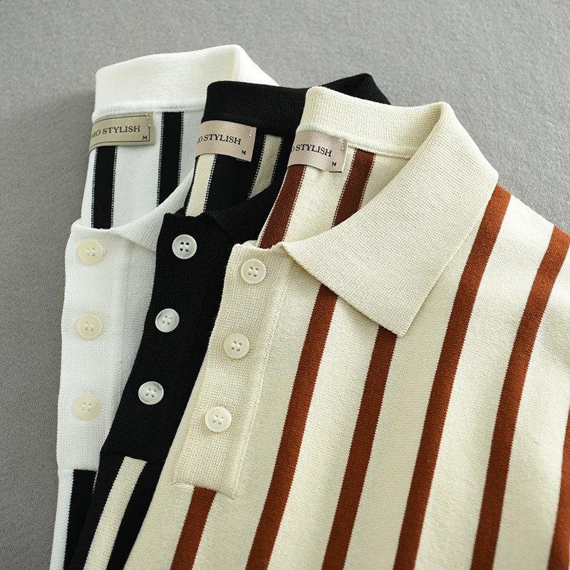 Cool and breathable striped knitted mens polo shirt summer fashion short sleeved slim fit business style top 24ss Y2k young 240828