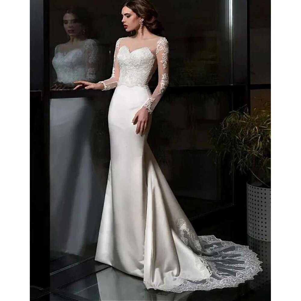 Scoop Elegant Sheer Neck Wedding Dress 2024 With Appliques Train Long Sleeves Mermaid Satin Bridal Gowns Vestido De Noiva 6660306