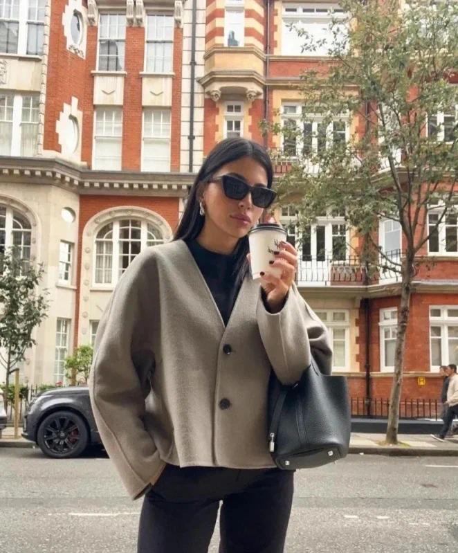 Women's Jackets Elegant Straight Cut Wool Jacket Women Fashion V Neck Single Breasted Short Coat 2024 Autumn Chic Lady Office Street