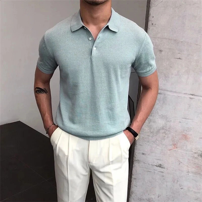 Summer Knitted Polo Shirt Solid Color Business Casual Mens Short Sleeve High Quality Golf Clothing 240828