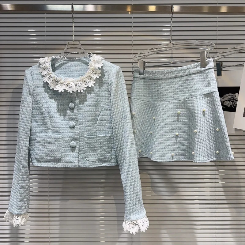 PREPOMP Autumn Pearl Lace Collar Short Jacket Coarse Floral Mini Skiing Two Piece Set Womens Dress Light Blue GR950 240828