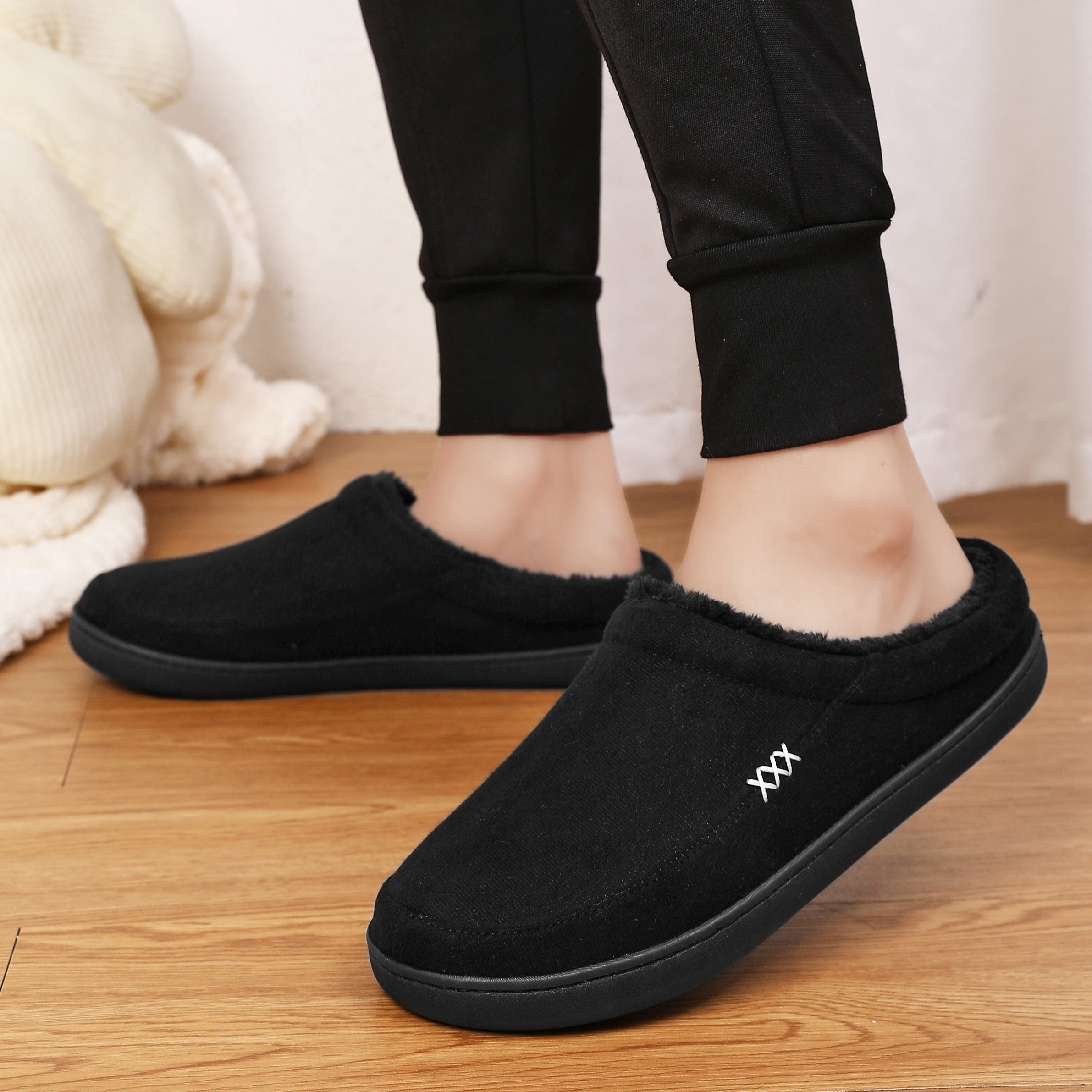 PLUS SIZE Mens Solid Ultra-Cozy House Slippers - Lightweight, Ventilated & Anti-Skid - Plush Fleece Lined Slip-ons for Effortless Indoor - Ideal for A