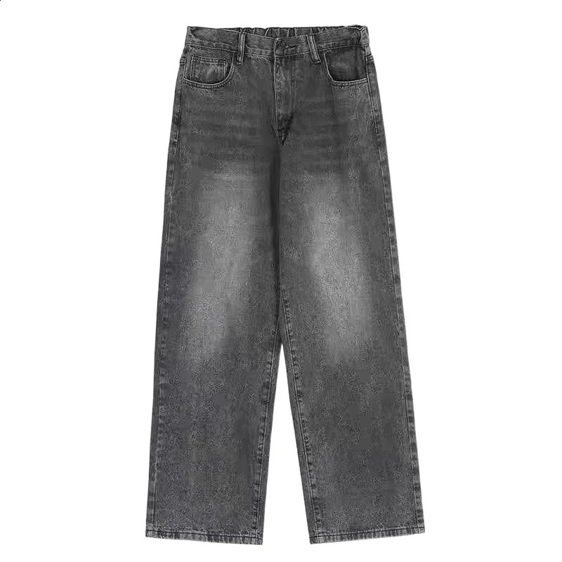 mens streetwear black gray pocket wide leg wash jeans Korean fashion straight elastic loose denim cargo pants 240829