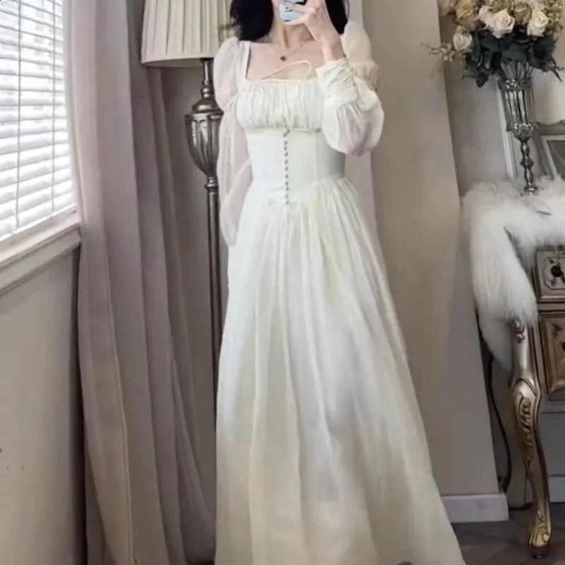 French Retro Square Neck Corset Princess Prom Dress Women Spring Long Sleeve Elegant Pink Female Long Slim Evening Dresses