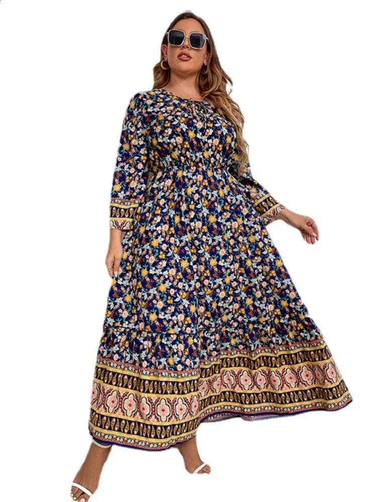 Plus size summer long floral dress for women with stripes and printed sleeves casual loose fashionable womens 240828