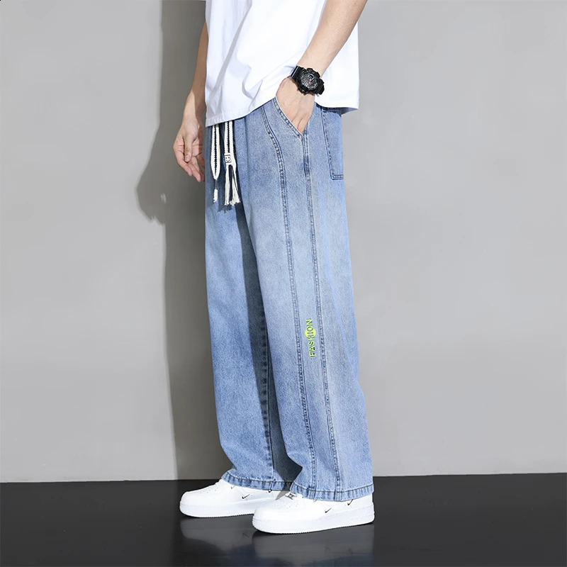 Autumn Wide Leg Jeans Mens Trouser Neutral Loose Casual Cotton Straight Outdoor Fashion Laundry Pants Large Size 8XL 240829